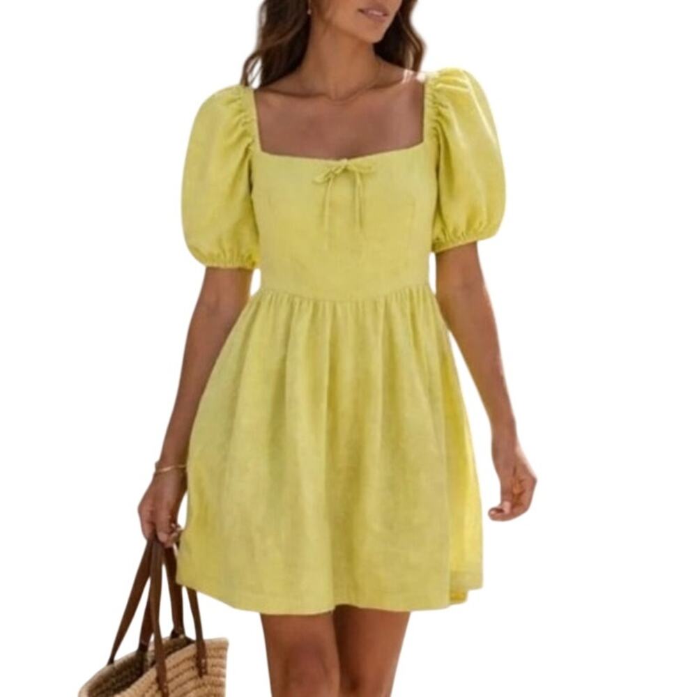 NEW Camila Coelho Lime Linen Chartreuse Mini Dress Small Puff Sleeve Feminine